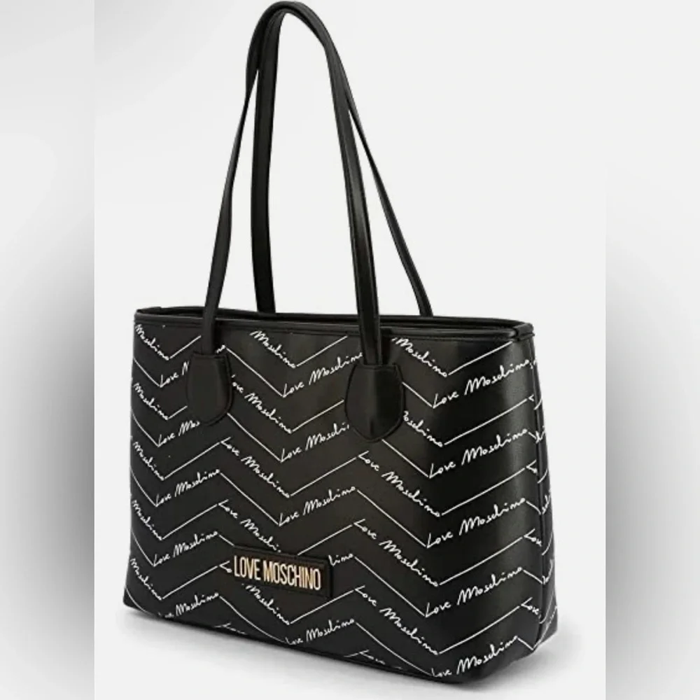 LOVE MOSCHINO Logo Romantic Shopper Shoulder Bag Black Logo w Gold Hardware EUC - Picture 3 of 17